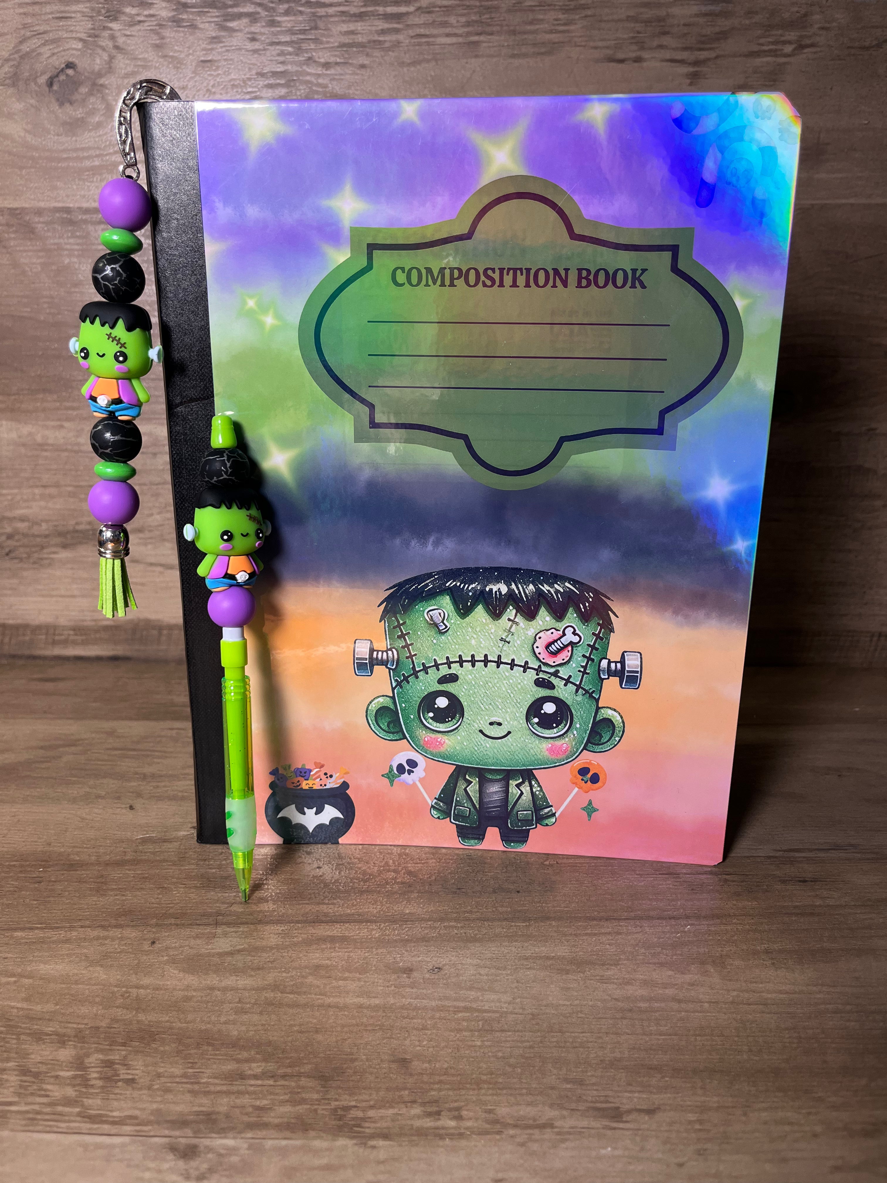 Cute Frankenstein Halloween Notebook With Bookmarker & Mechanical Pencil Set
