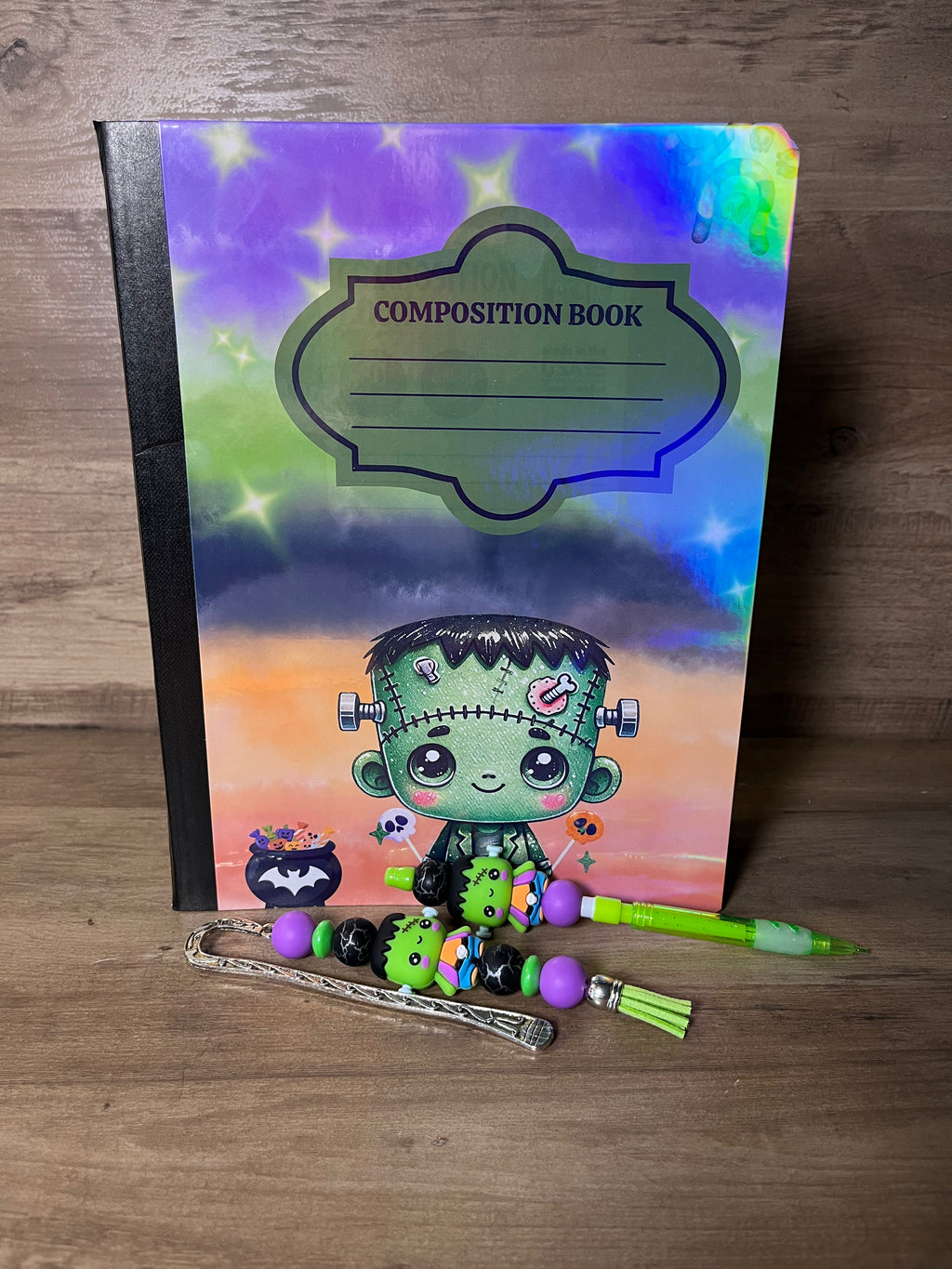 Cute Frankenstein Halloween Notebook With Bookmarker & Mechanical Pencil Set