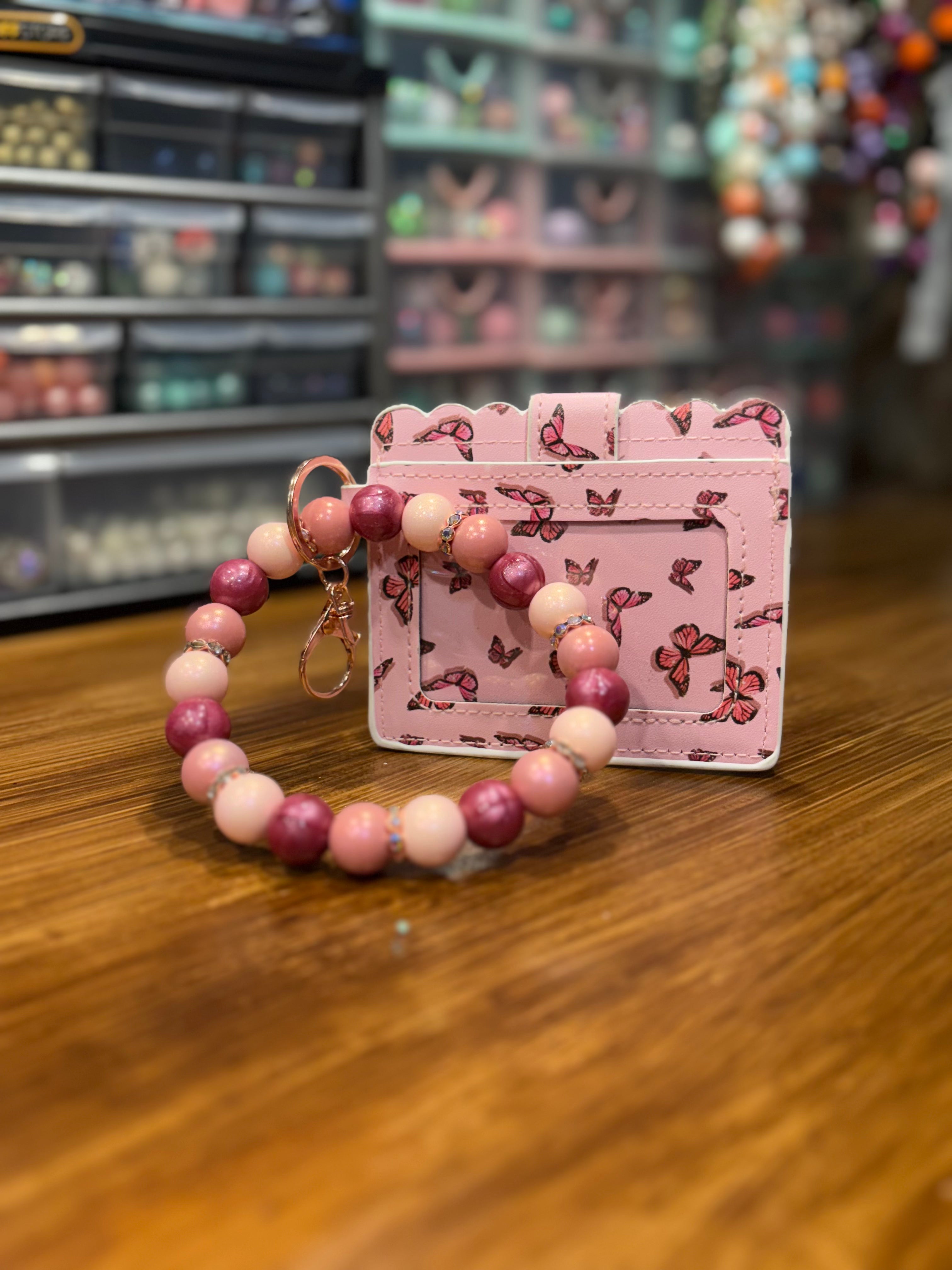 Pink Butterfly Wallet & Beaded Wristlet Combo Set