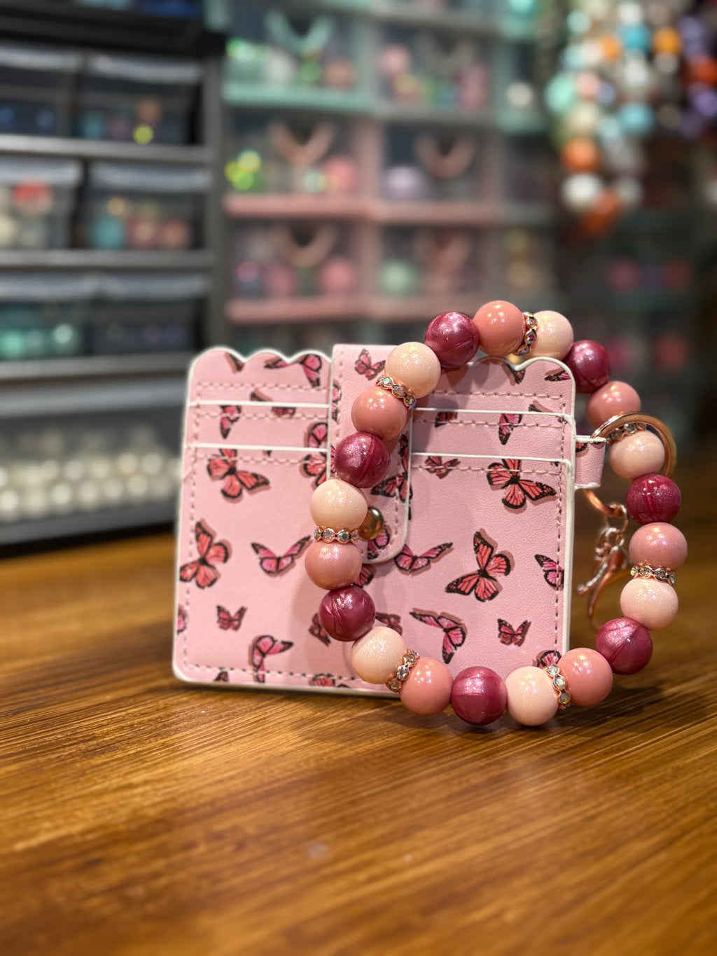Pink Butterfly Wallet & Beaded Wristlet Combo Set