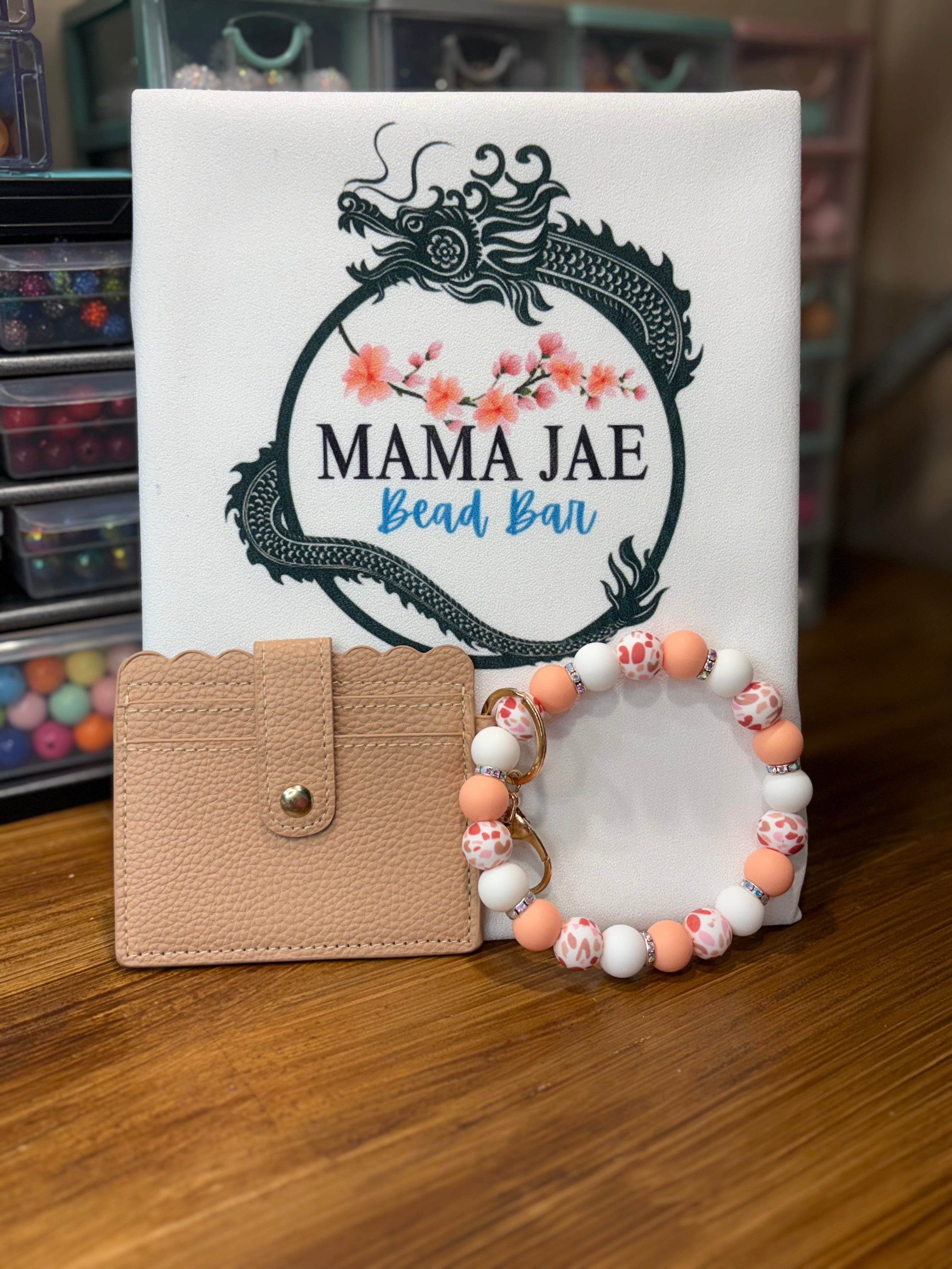 Peach & Cream Beaded Keychain with Neutral Card Holder – Cow Accent Wristlet Set