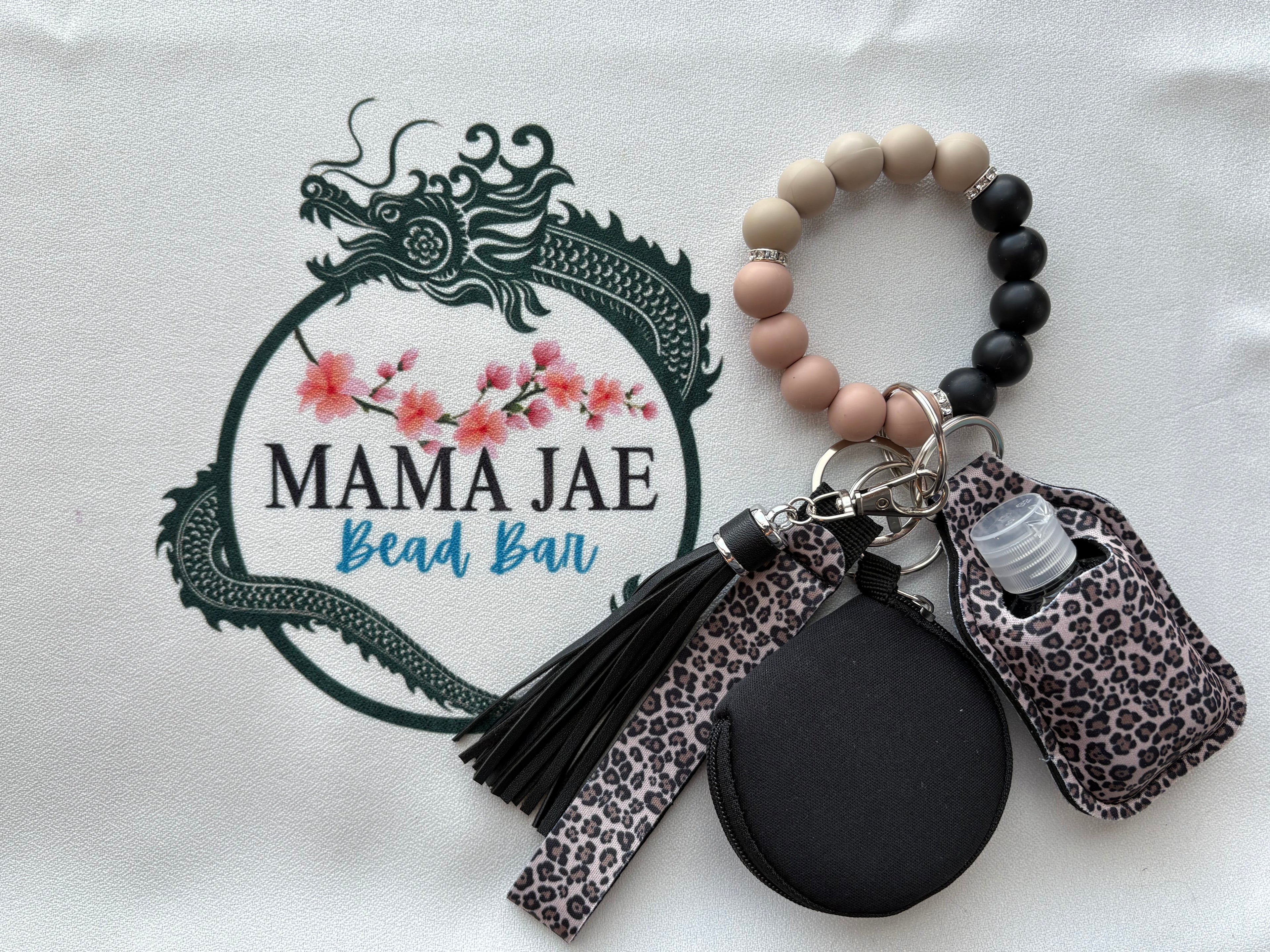 Neutral Leopard Beaded Wristlet Keychain with Tassel & Hand Sanitizer Holder