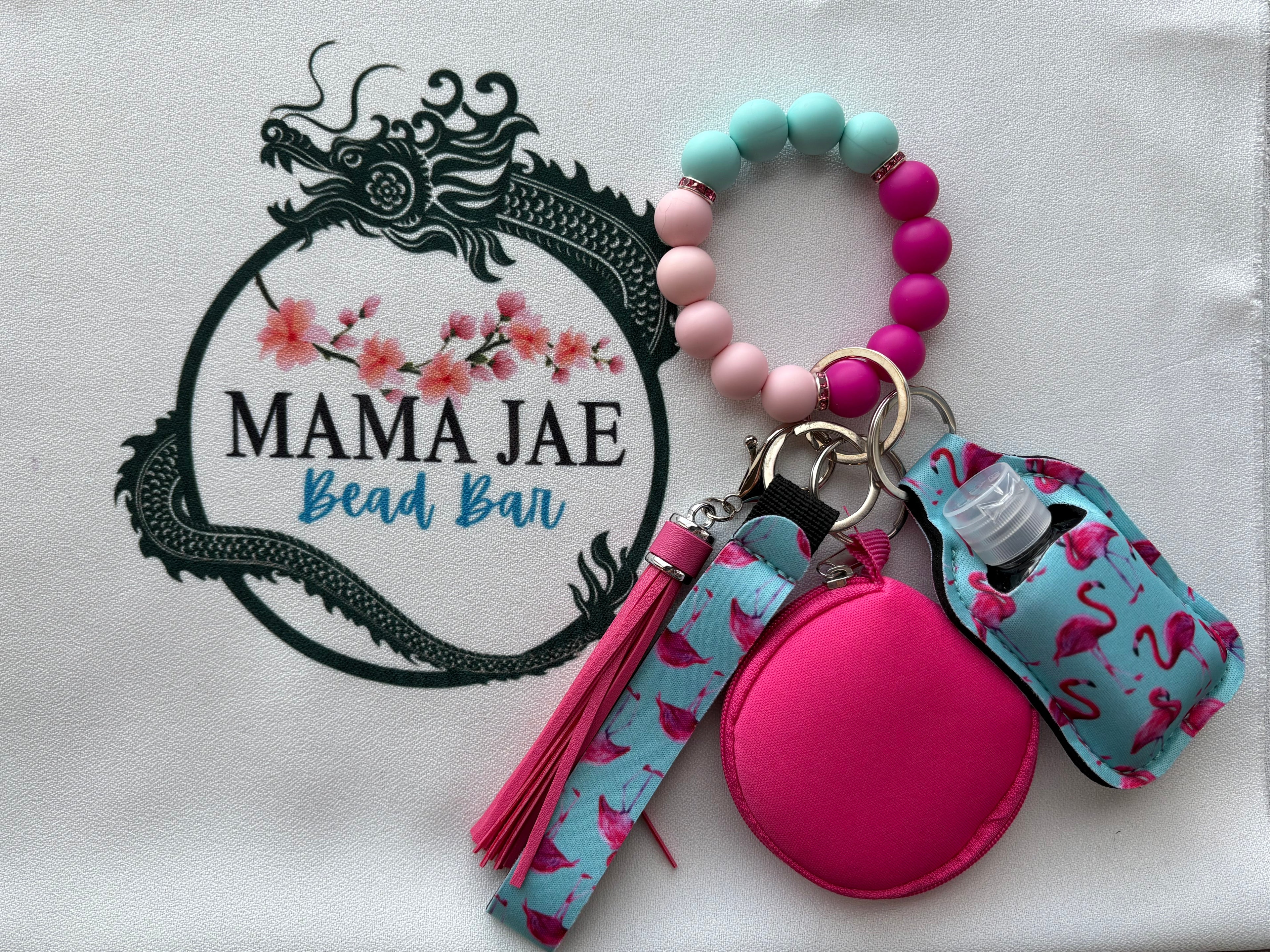 Flamingo Beaded Wristlet Keychain Set with Coin Pouch & Sanitizer Holder