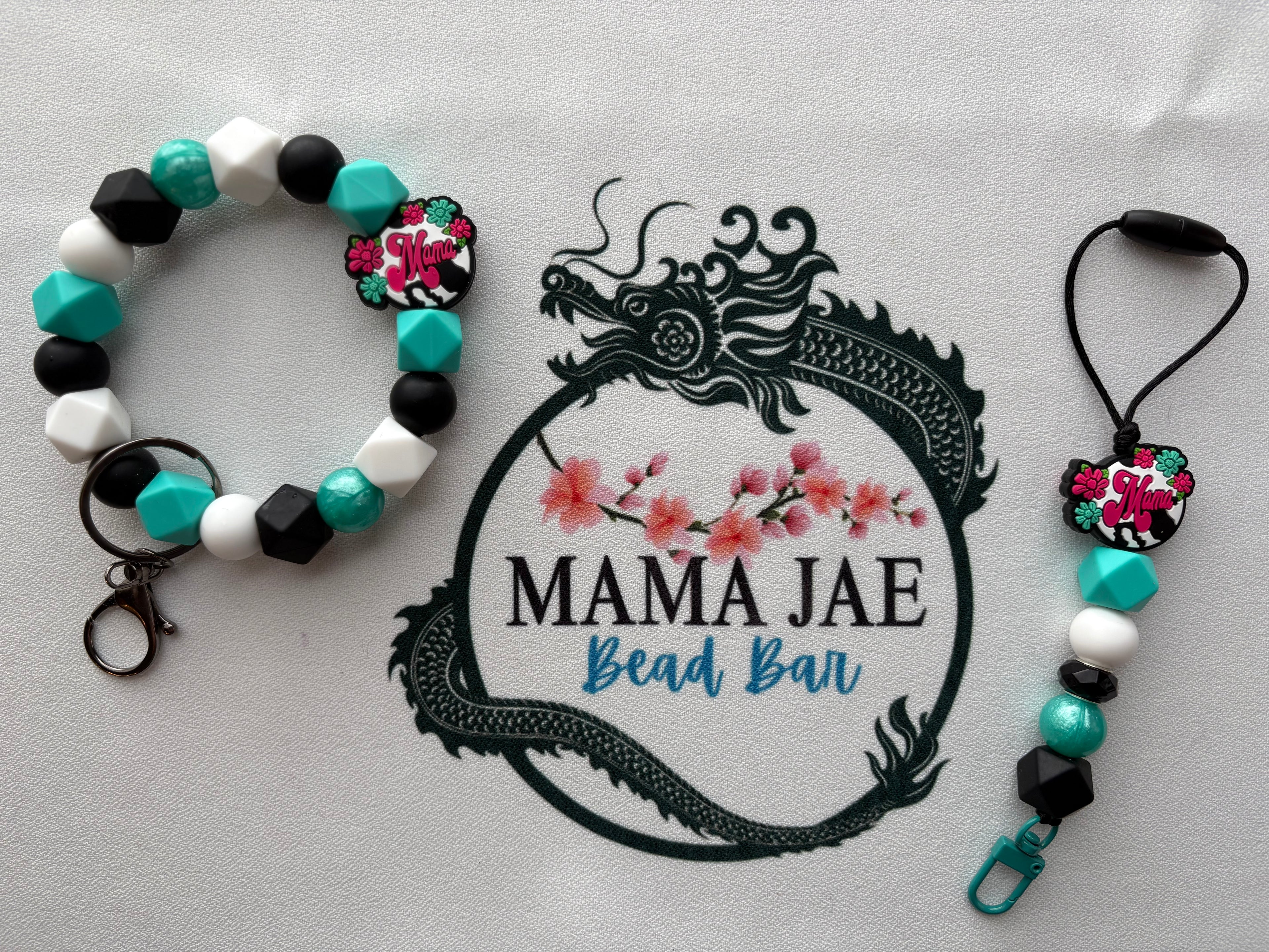 Teal & Black Beaded Wristlet with Matching Freshie Holder Charm – 2-Piece Set