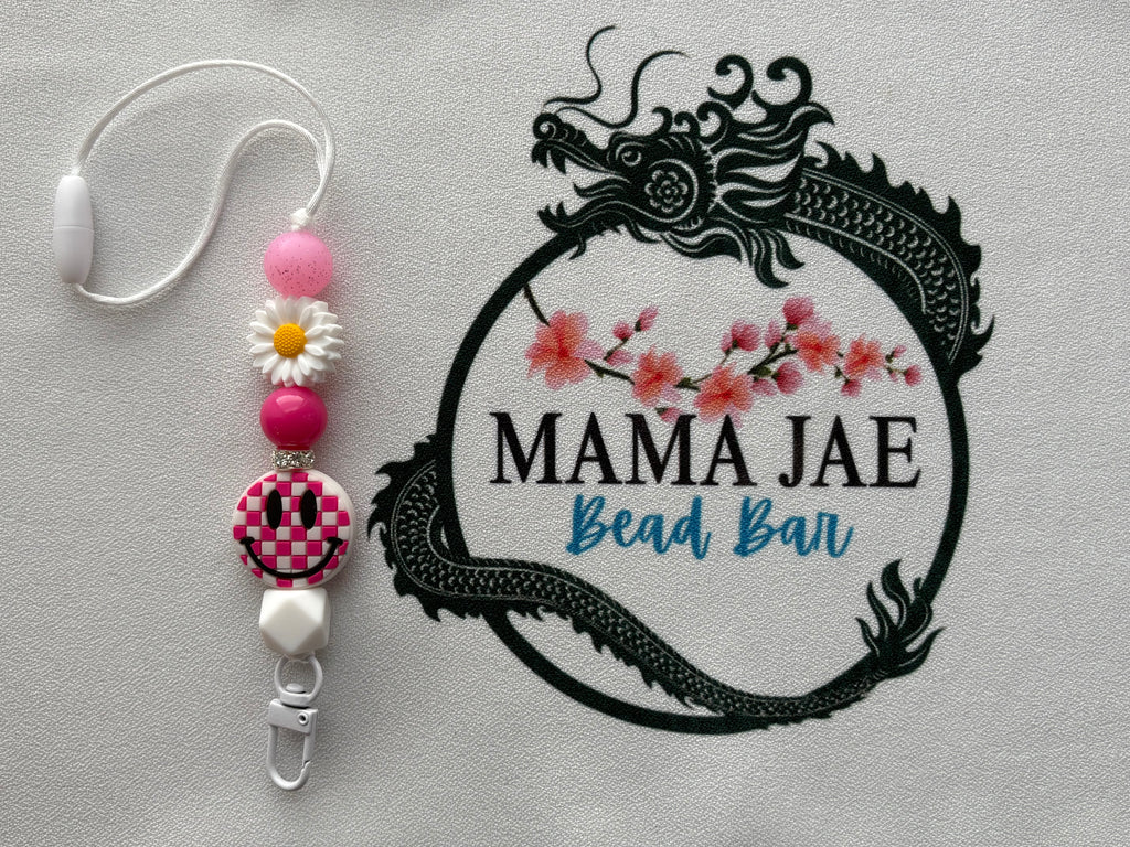 Pink Daisy Smiley Car Freshie Holder – Beaded Rearview Mirror Charm