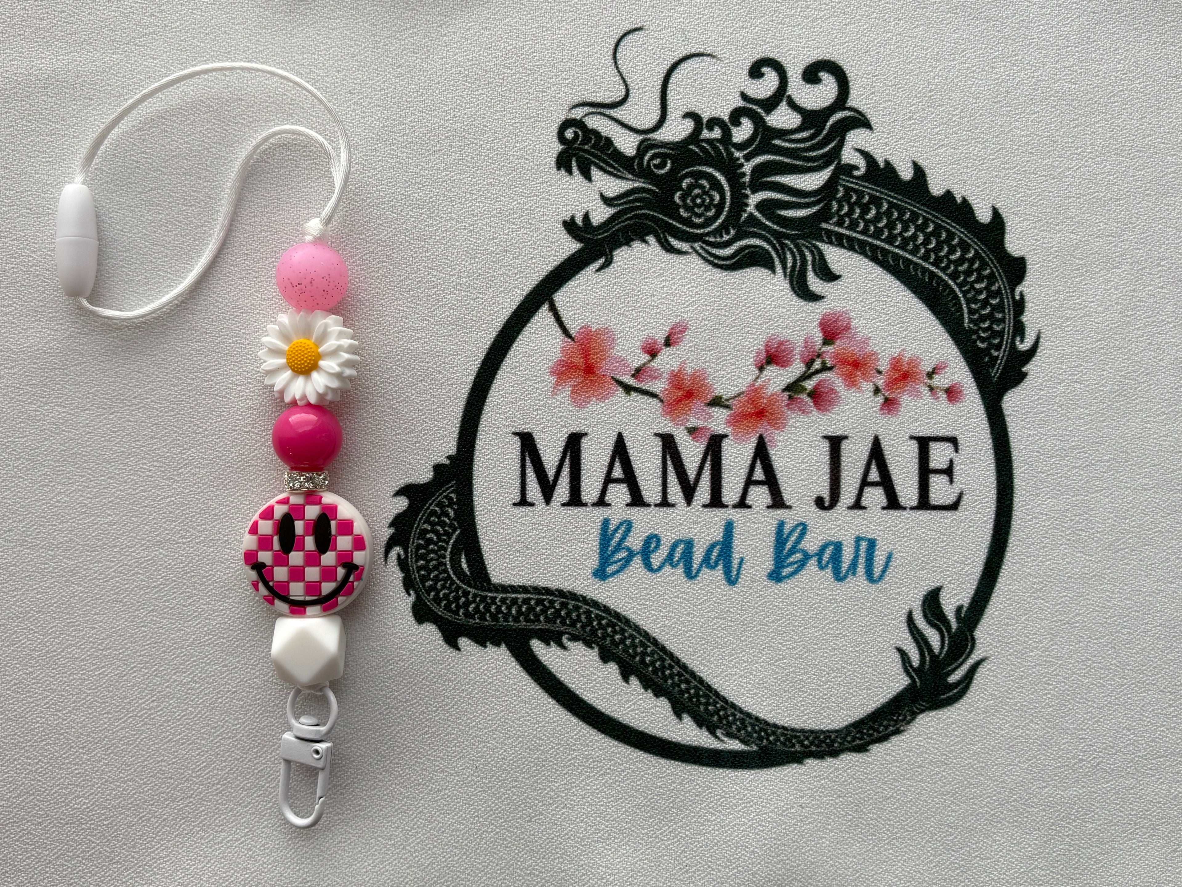Pink Daisy Smiley Car Freshie Holder – Beaded Rearview Mirror Charm