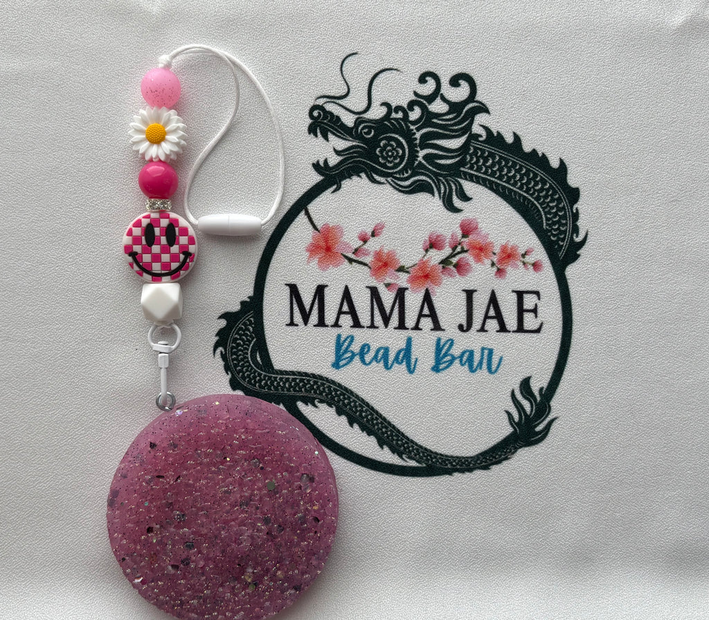 Pink Daisy Smiley Car Freshie Holder – Beaded Rearview Mirror Charm
