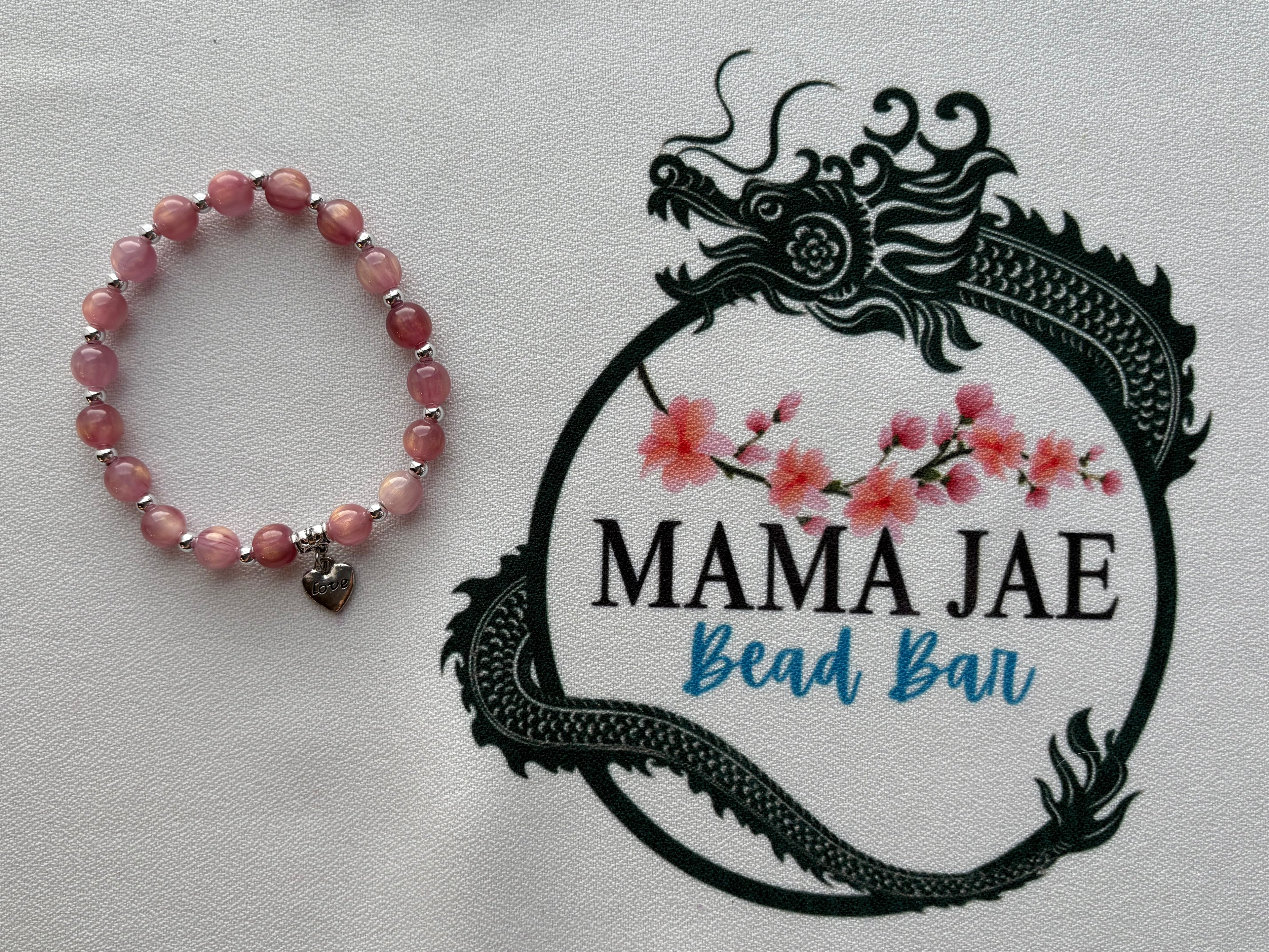 Pink Beaded Bracelet with Love Heart Charm